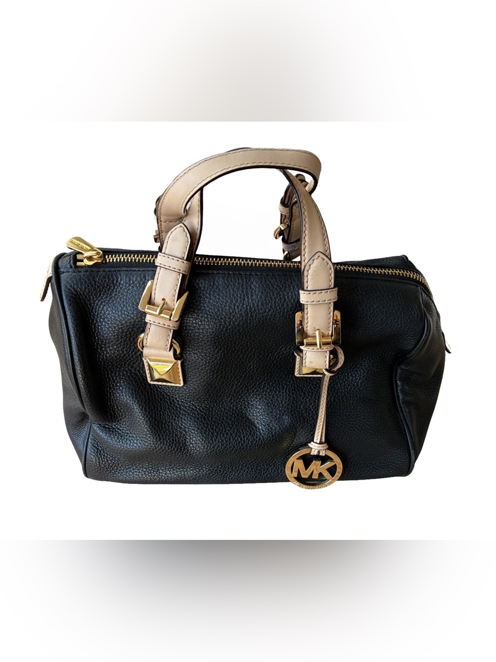Michael Kors Black Pebbled Leather Satchel with Cream Handles and Gold Hardware